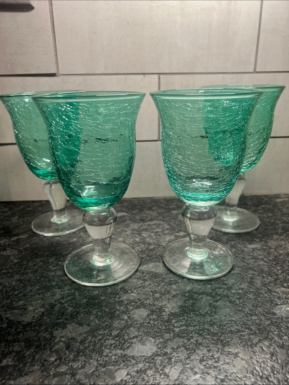 Set of 4 Artland Iris Light Green Cracked-Glass Aqua Goblets